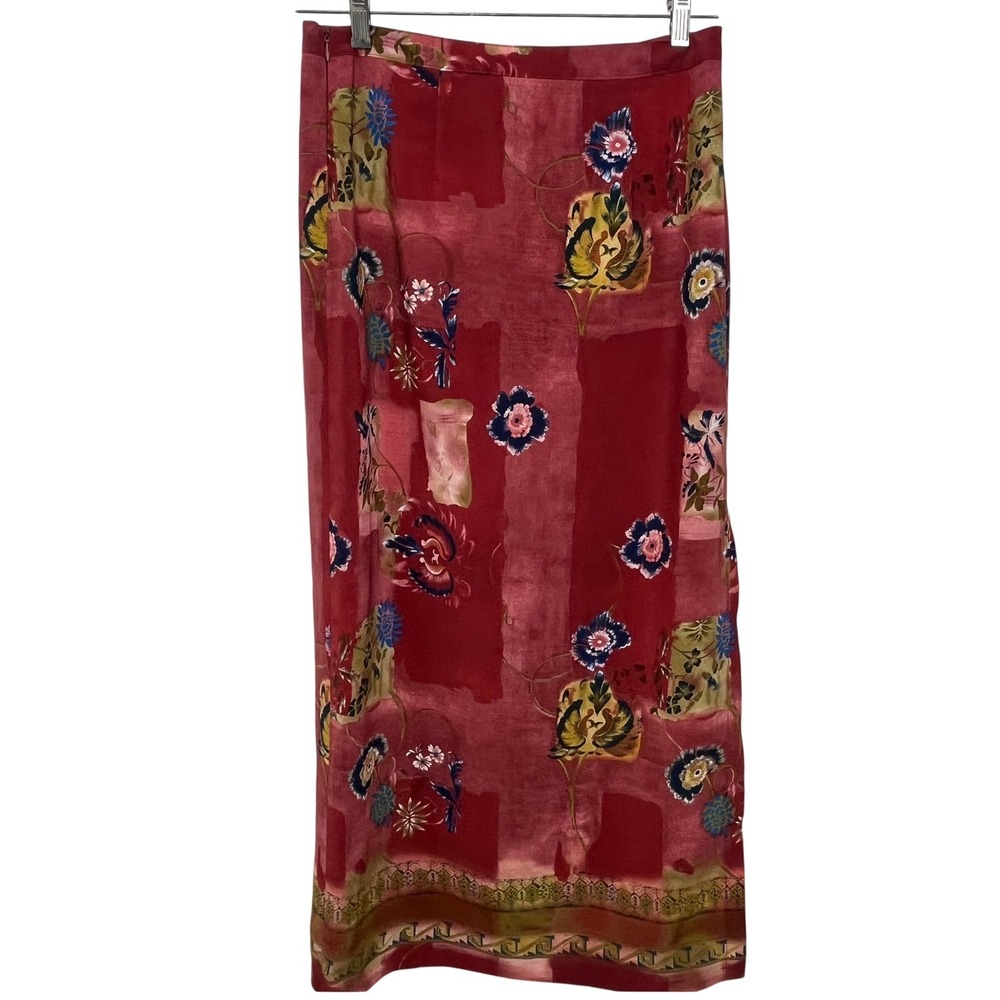 VTG Tribal Skirt Rust Floral Botanical Bohemian Maxi Column Side Slit Zipper 8 - Picture 3 of 6